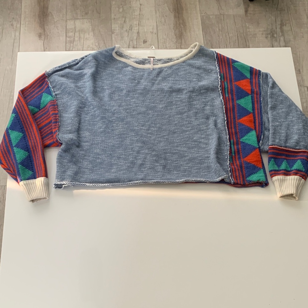 Free People Patchwork Pullover Sweater Blue Multi… - image 5